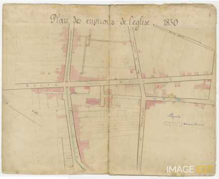Plan des environs de l'église des Trois-Maisons en 1830 (manuscrit Morius 77)